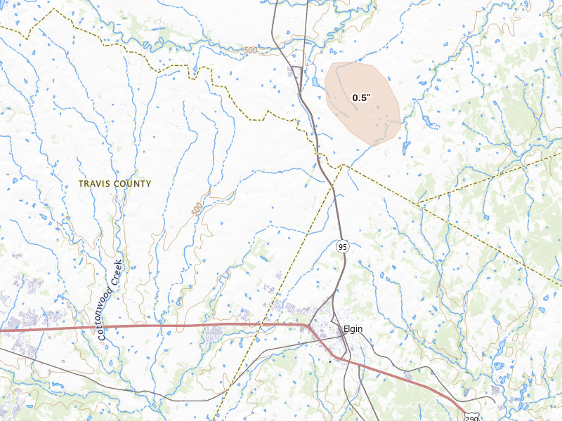 Radar-estimated hail-size map of the storm over Elgin, TX on May 25, 2026