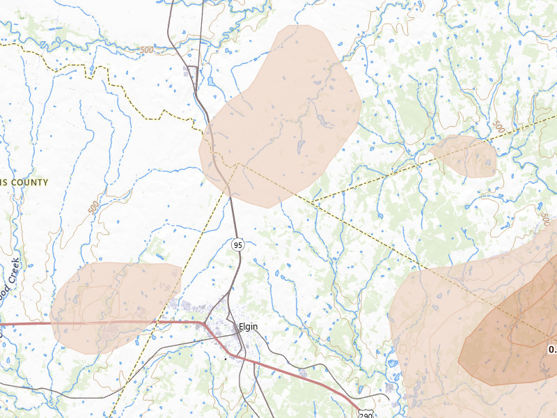 Radar-estimated hail-size map of the storm over Elgin, TX on Aug 28, 2026