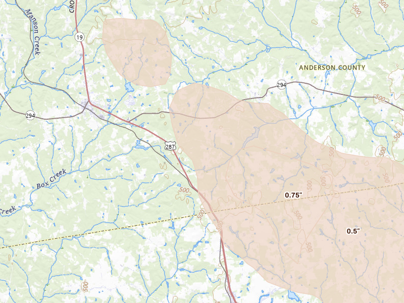 Radar-estimated hail-size map of the storm over Elkhart, TX on Mar 15, 2026