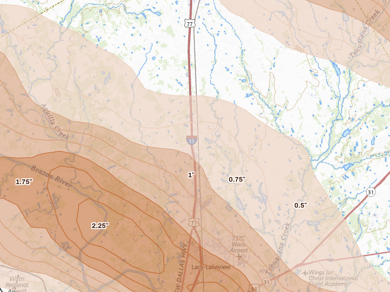 Radar-estimated hail-size map of the storm over Elm Mott, TX on Apr 28, 2026