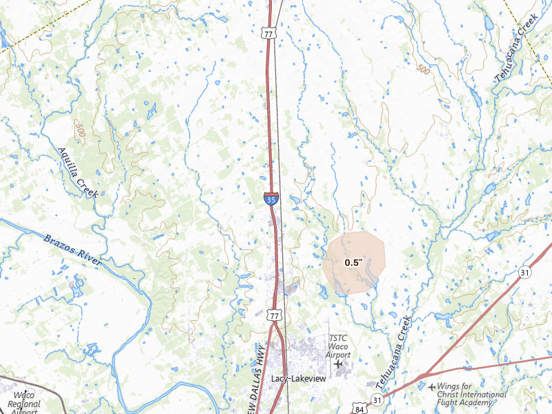 Radar-estimated hail-size map of the storm over Elm Mott, TX on May 23, 2026