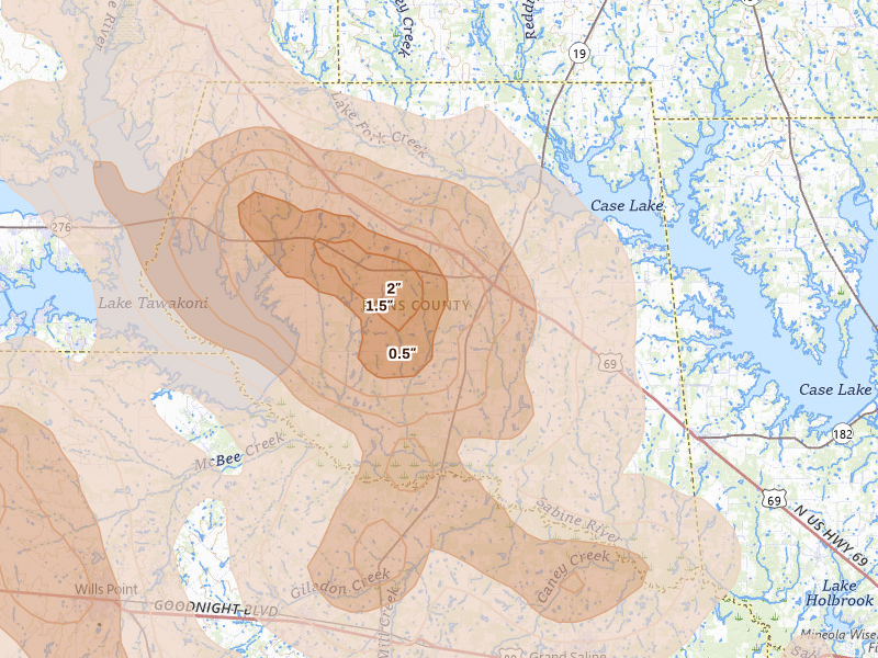 Radar-estimated hail-size map of the storm over Emory, TX on Apr 24, 2026