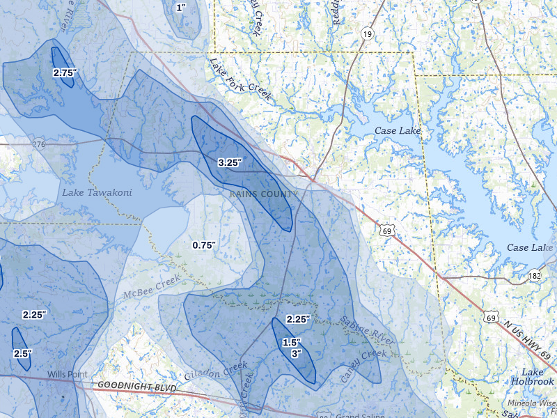 NEXRAD radar-signature map of the hail over Emory, TX