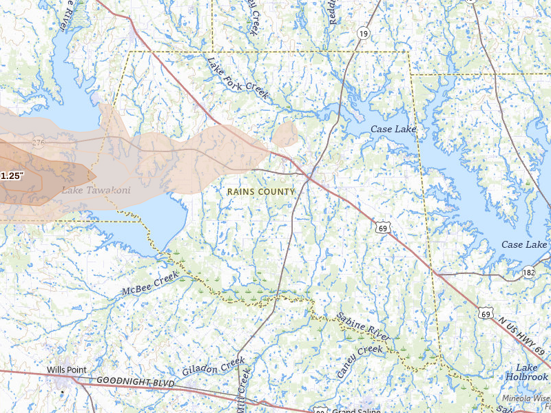 Radar-estimated hail-size map of the storm over Emory, TX on Apr 27, 2026