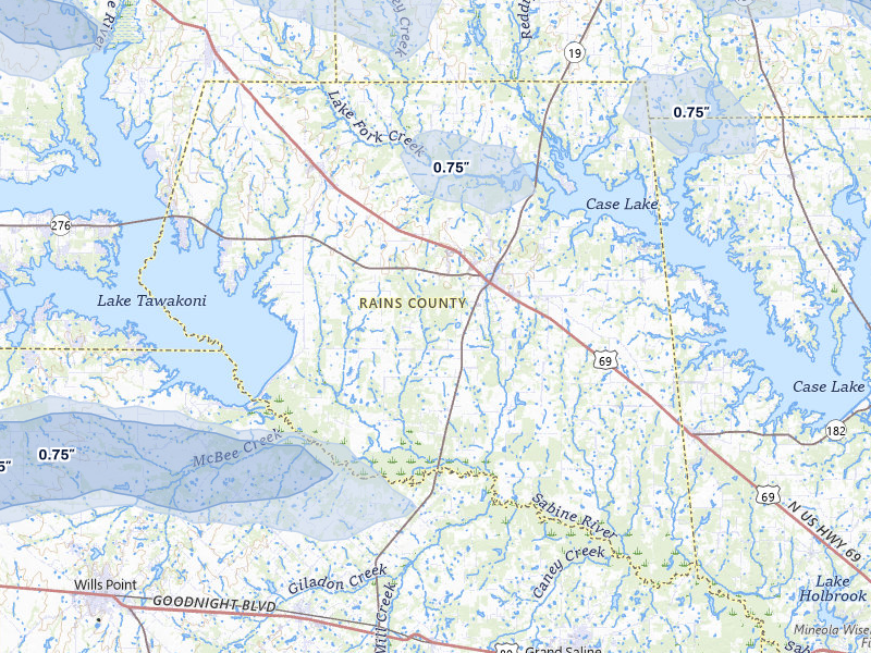 NEXRAD radar-signature map of the hail storm over Emory, TX on May 8, 2026