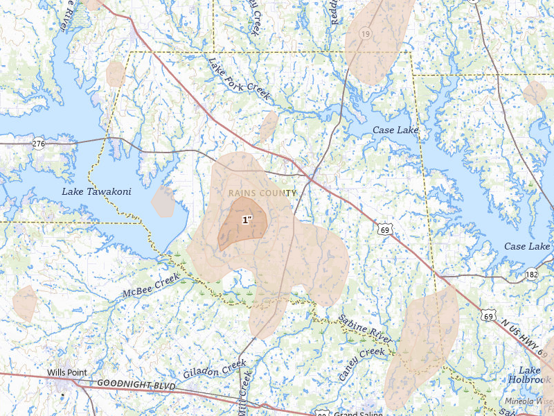 Radar-estimated hail-size map of the storm over Emory, TX on May 22, 2026