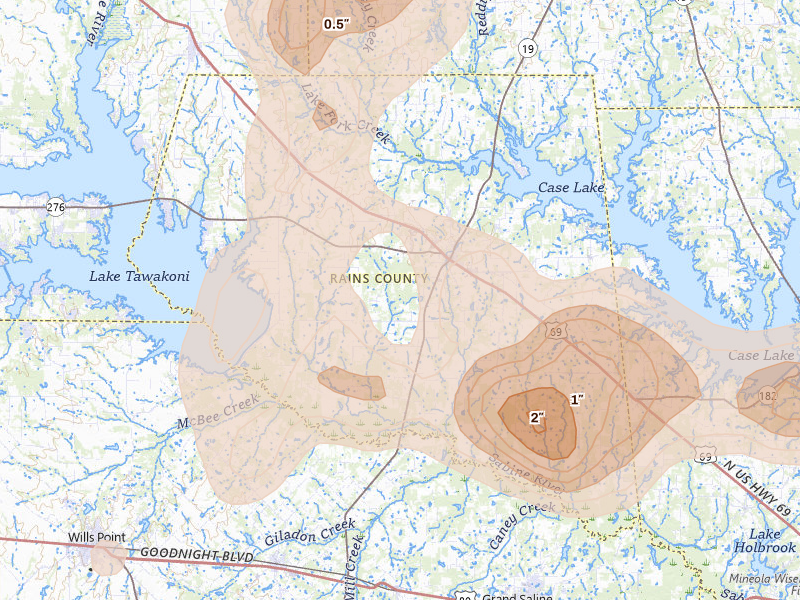 Radar-estimated hail-size map of the storm over Emory, TX on Jun 2, 2026