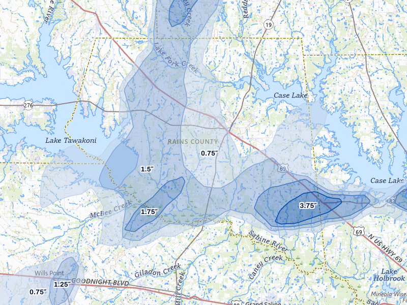 NEXRAD radar-signature map of the hail over Emory, TX