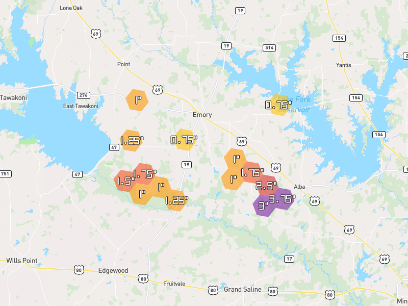Hail map of Emory, TX on Jun 2, 2026, hail up to 3.75"