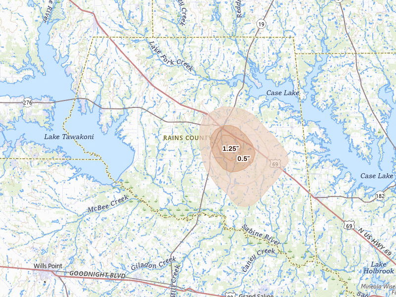 Radar-estimated hail-size map of the storm over Emory, TX on Jul 5, 2026