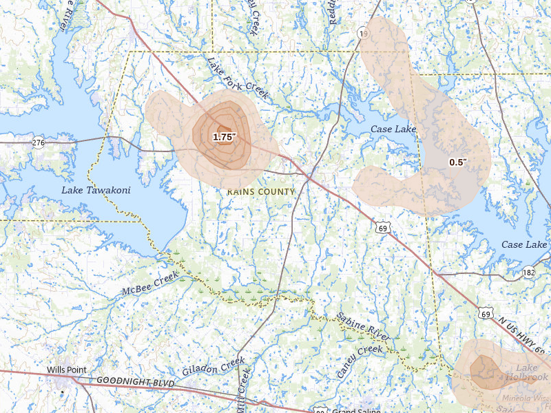 Radar-estimated hail-size map of the storm over Emory, TX on Jul 6, 2026
