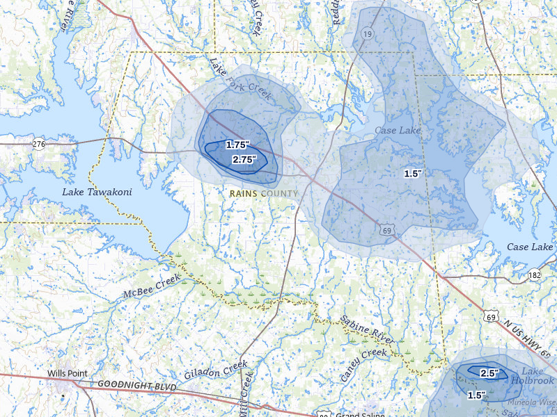 NEXRAD radar-signature map of the hail storm over Emory, TX on Jul 6, 2026