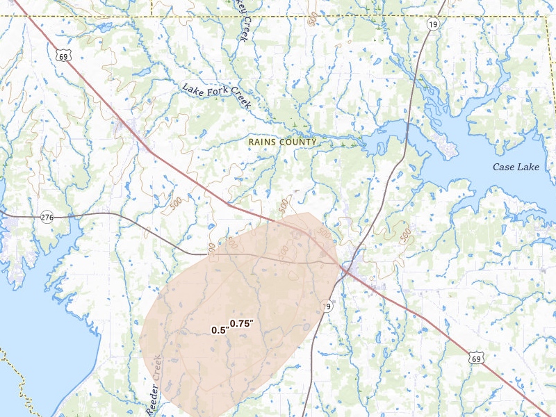 Radar-estimated hail-size map of the storm over Emory, TX on Aug 8, 2026
