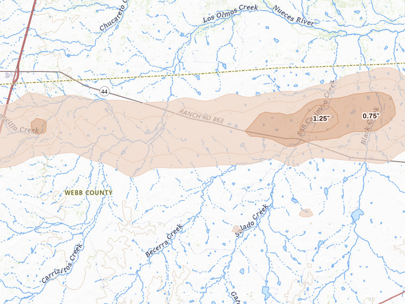 Radar-estimated hail-size map of the storm over Encinal, TX on Mar 8, 2026