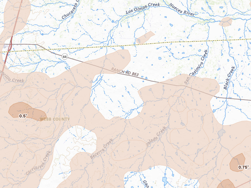 Radar-estimated hail-size map of the storm over Encinal, TX on May 18, 2026