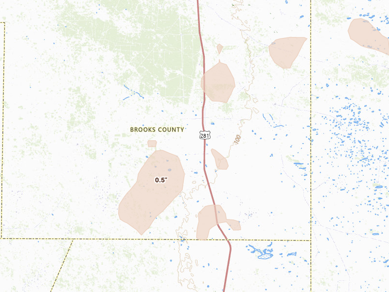 Radar-estimated hail-size map of the storm over Encino, TX on May 23, 2026