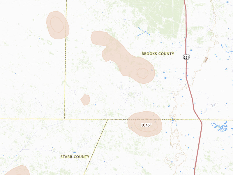 Radar-estimated hail-size map of the storm over Encino, TX on Aug 2, 2026