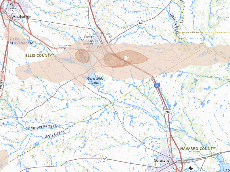 Radar-estimated hail-size map of the storm over Ennis, TX on Apr 29, 2026