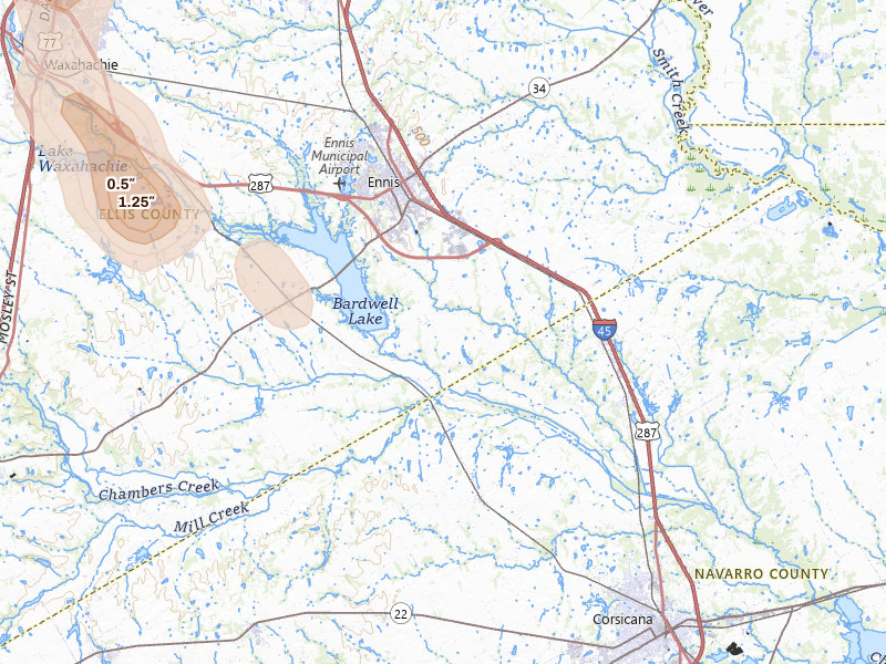 Radar-estimated hail-size map of the storm over Ennis, TX on May 25, 2026