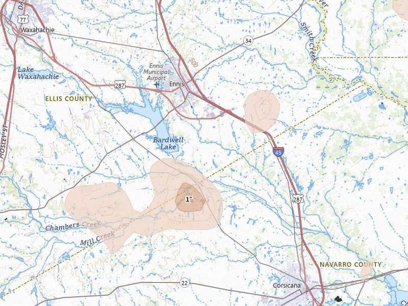 Radar-estimated hail-size map of the storm over Ennis, TX on Jun 2, 2026