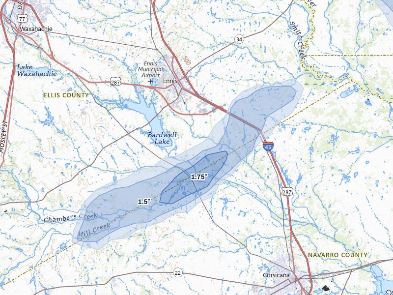 NEXRAD radar-signature map of the hail over Ennis, TX