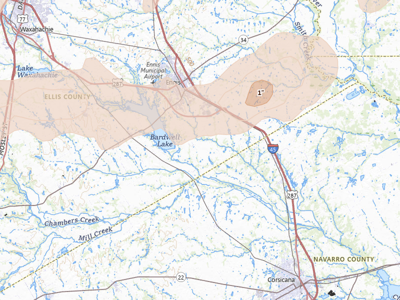 Radar-estimated hail-size map of the storm over Ennis, TX on Jun 6, 2026