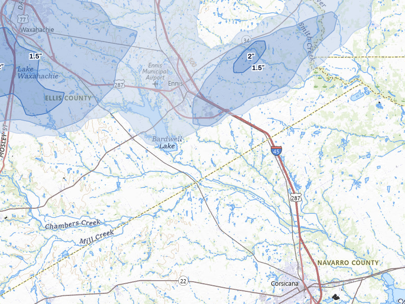 NEXRAD radar-signature map of the hail over Ennis, TX