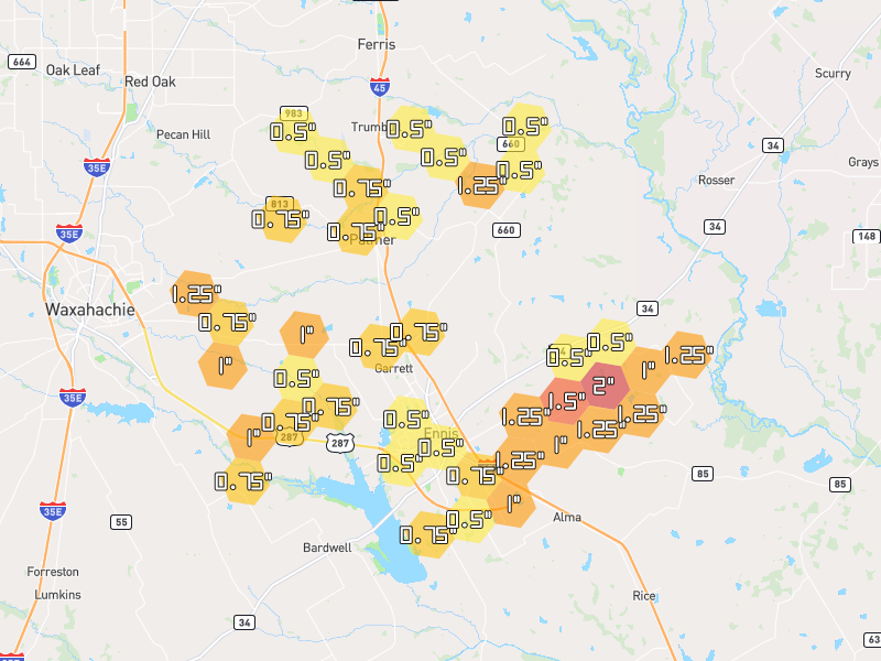 Hail map of Ennis, TX on Jun 7, 2026, hail up to 2"