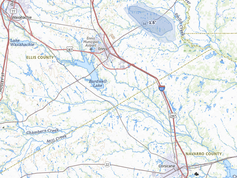 NEXRAD radar-signature map of the hail over Ennis, TX