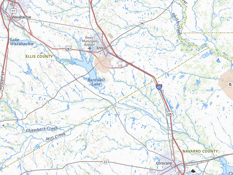 Radar-estimated hail-size map of the storm over Ennis, TX on Jul 12, 2026