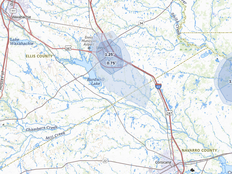 NEXRAD radar-signature map of the hail over Ennis, TX