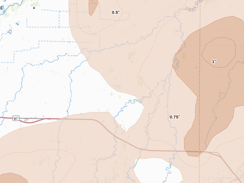 Radar-estimated hail-size map of the storm over Eola, TX on May 19, 2026