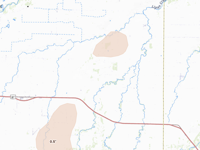 Radar-estimated hail-size map of the storm over Eola, TX on Jun 19, 2026