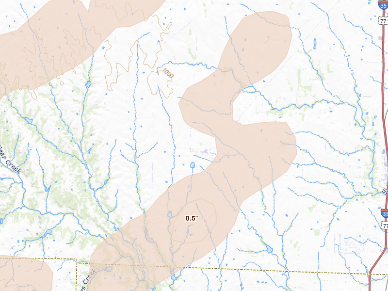 Radar-estimated hail-size map of the storm over Era, TX on Apr 15, 2026