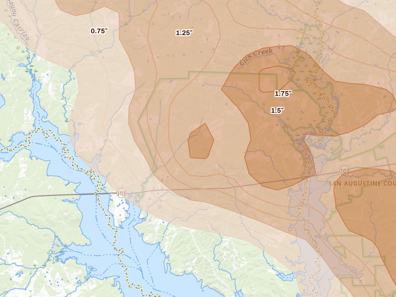 Radar-estimated hail-size map of the storm over Etoile, TX on Mar 15, 2026