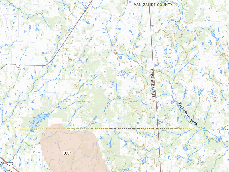 Radar-estimated hail-size map of the storm over Eustace, TX on May 24, 2026