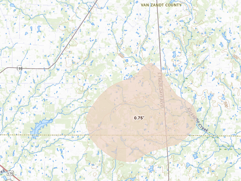 Radar-estimated hail-size map of the storm over Eustace, TX on Jul 5, 2026