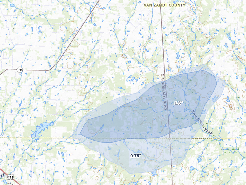 NEXRAD radar-signature map of the hail storm over Eustace, TX on Jul 5, 2026