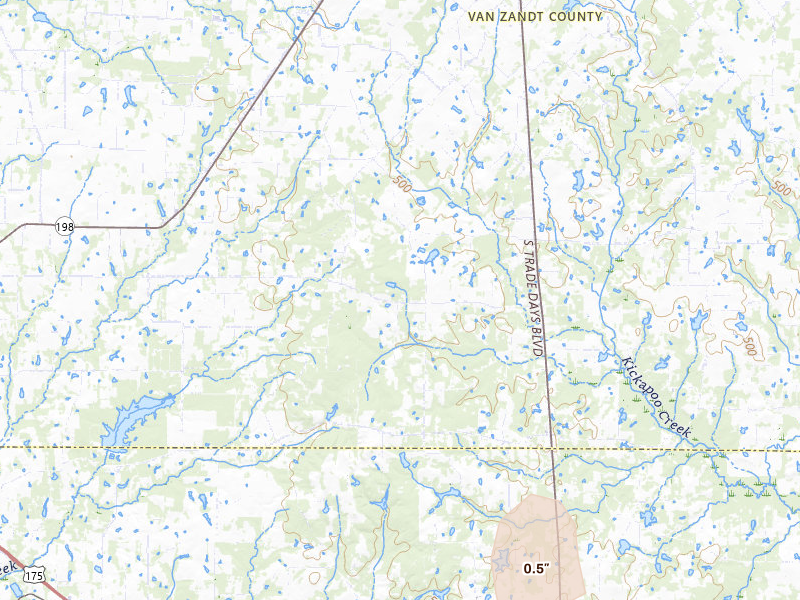 Radar-estimated hail-size map of the storm over Eustace, TX on Jul 7, 2026