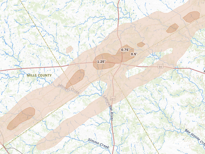 Radar-estimated hail-size map of the storm over Evant, TX on Jan 9, 2026