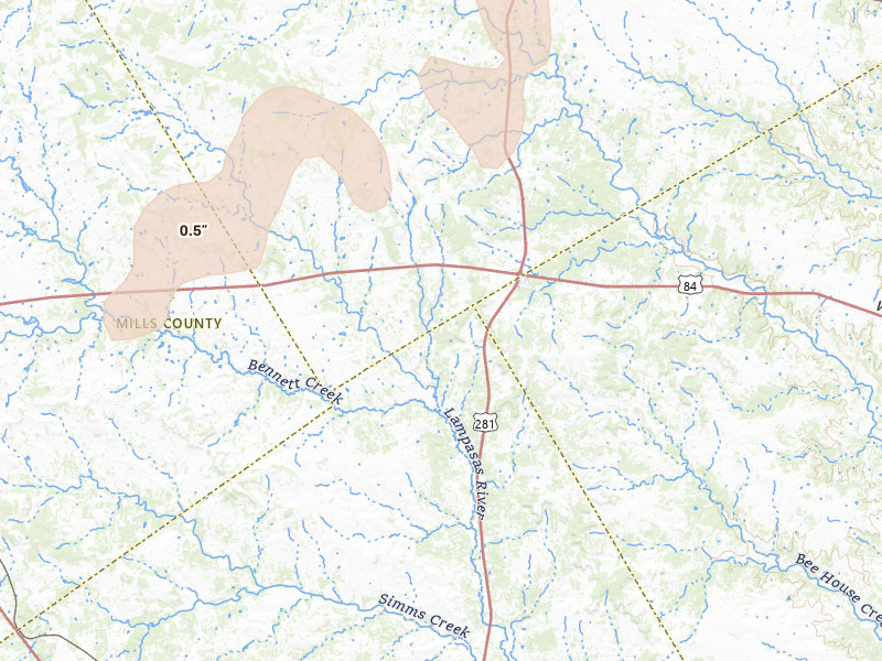Radar-estimated hail-size map of the storm over Evant, TX on Mar 10, 2026