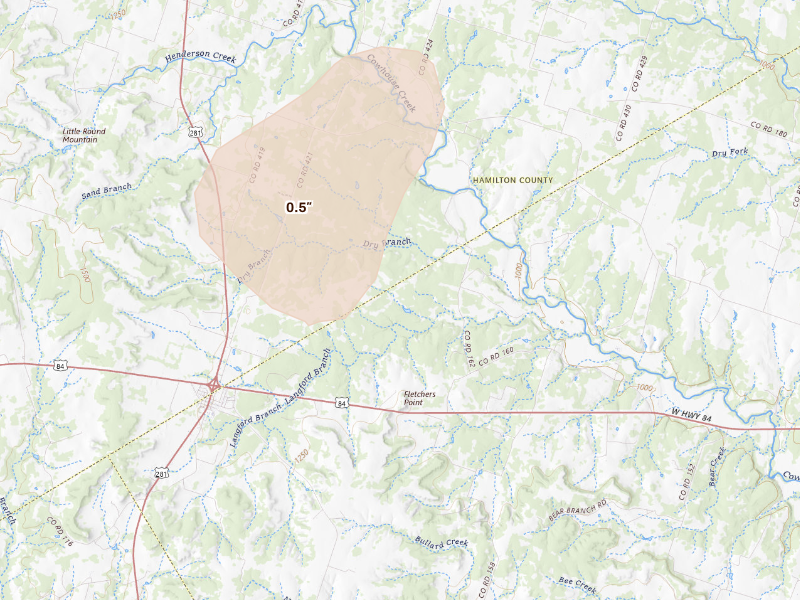 Radar-estimated hail-size map of the storm over Evant, TX on Sep 27, 2026