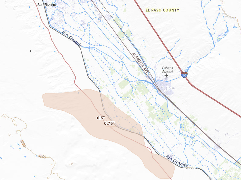 Radar-estimated hail-size map of the storm over Fabens, TX on Aug 15, 2026