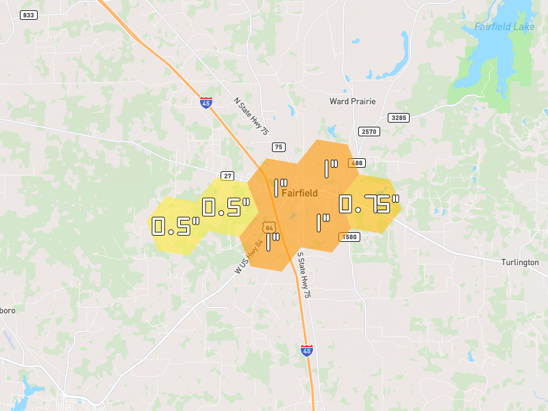 Hail map of Fairfield, TX on Jun 2, 2026, hail up to 1"