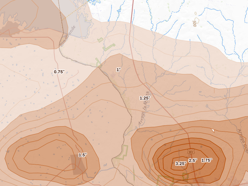 Radar-estimated hail-size map of the storm over Falcon Heights, TX on Mar 7, 2026