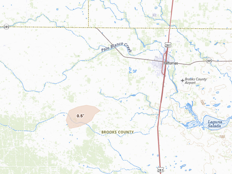 Radar-estimated hail-size map of the storm over Falfurrias, TX on May 10, 2026