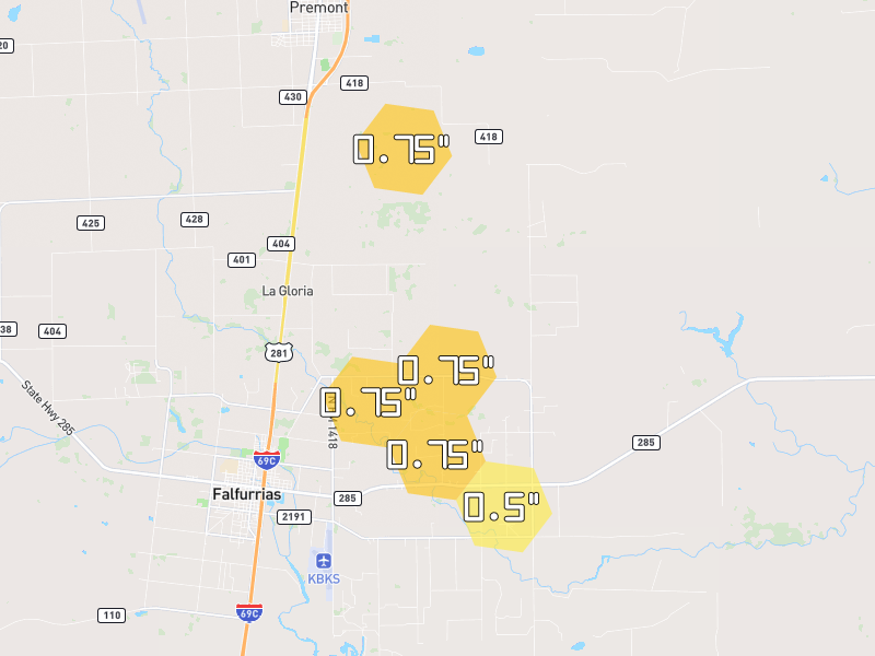Hail map of Falfurrias, TX on Jul 6, 2026, hail up to 0.75"