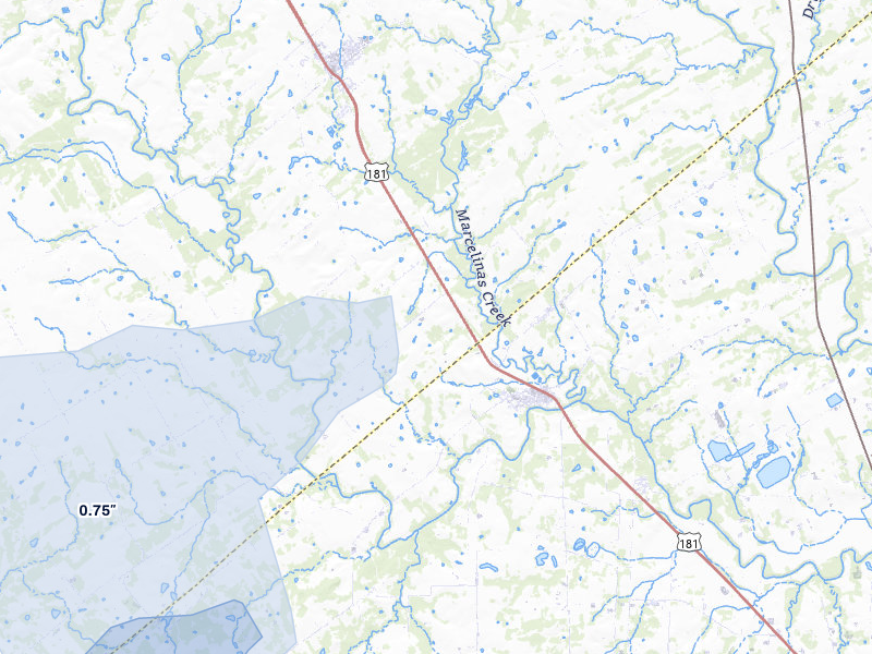 NEXRAD radar-signature map of the hail over Falls City, TX