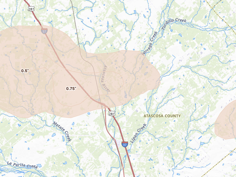 Radar-estimated hail-size map of the storm over Falls City, TX on May 23, 2026