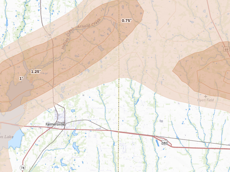 Radar-estimated hail-size map of the storm over Farmersville, TX on Apr 27, 2026